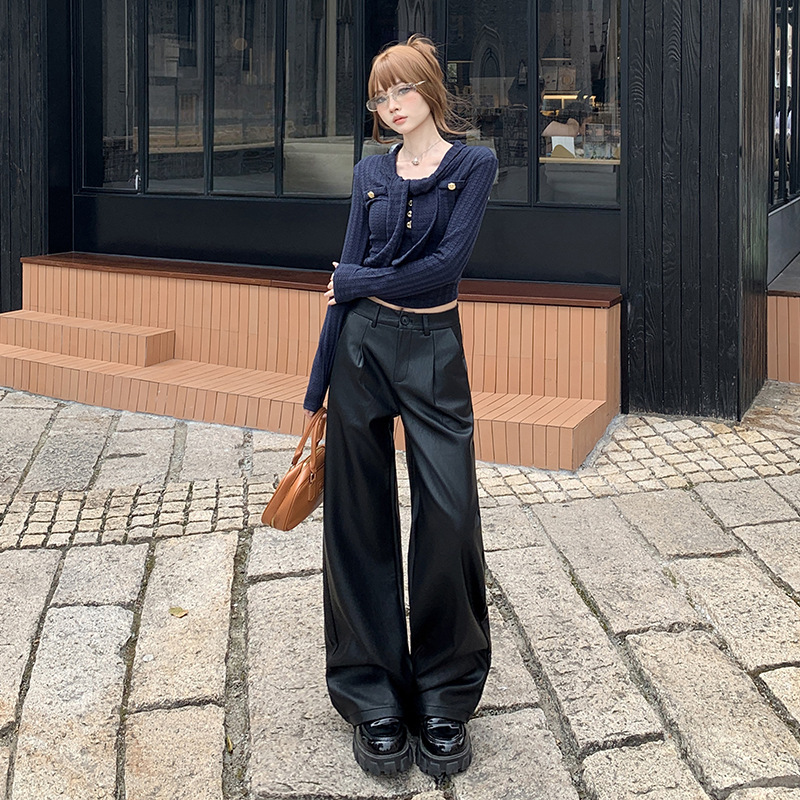 Black Leather Pants for Women, Medra's New Straight-Leg Slimming Look Casual Pants, Soft Pu Leather Loose Wide-Leg Pants for Women, One-Piece Drop Shipping