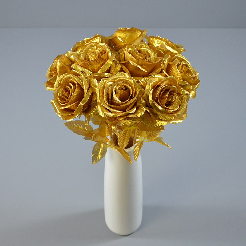 绢花金色玫瑰摄影道具婚庆装饰单枝玫瑰客厅家居装饰花