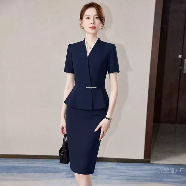Navy Blue Summer Short-Sleeved Professional Suit for Women, Ol Work Attire with a High-End Feel, Suitable for Beauty Salons and Sales Department Reception