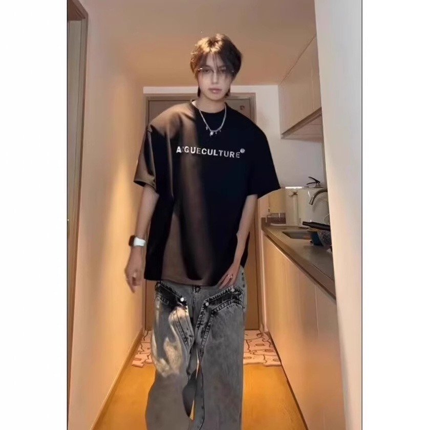 Maglietta corta estiva da uomo con maniche corte e spalle dritte e scritta in metallo, stile americano High Street_voghion.com