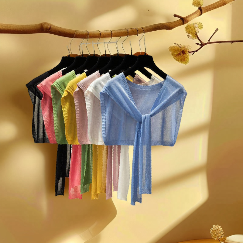 Summer Sunscreen Collar Shoulder Small Shawl Outer Ice Silk Knitted All-match Knot Scarf Women's Spring and Autumn Thin 02