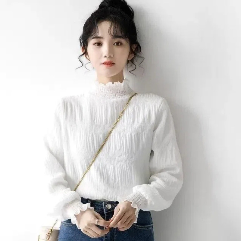 Tops with a Unique Design for Niche Girls in Spring, Autumn and Winter, White High-Neck Lace Splicing, Long-Sleeved Bottoming Shirts with Earrings Inside Tops with a Unique Design for Niche Girls in Spring, Autumn and Winter, White High-Neck Lace Splicing, Long-Sleeved Bottoming Shirts with Earrings Inside