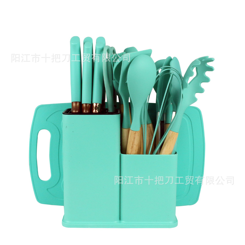 Instantánea de silicona resistente a altas temperaturas utensilios de cocina no pegajosos de silicona almacenamiento de barril 19 piezas conjunto conjunto de cocina integrado