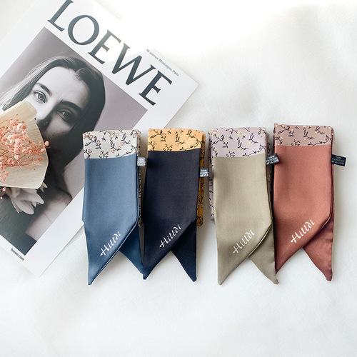 Narrow and Long Silk Scarf, French Retro Spring and Autumn Classic Small Flower Versatile Multifunctional Hairband Professional Small Collar Scarf
