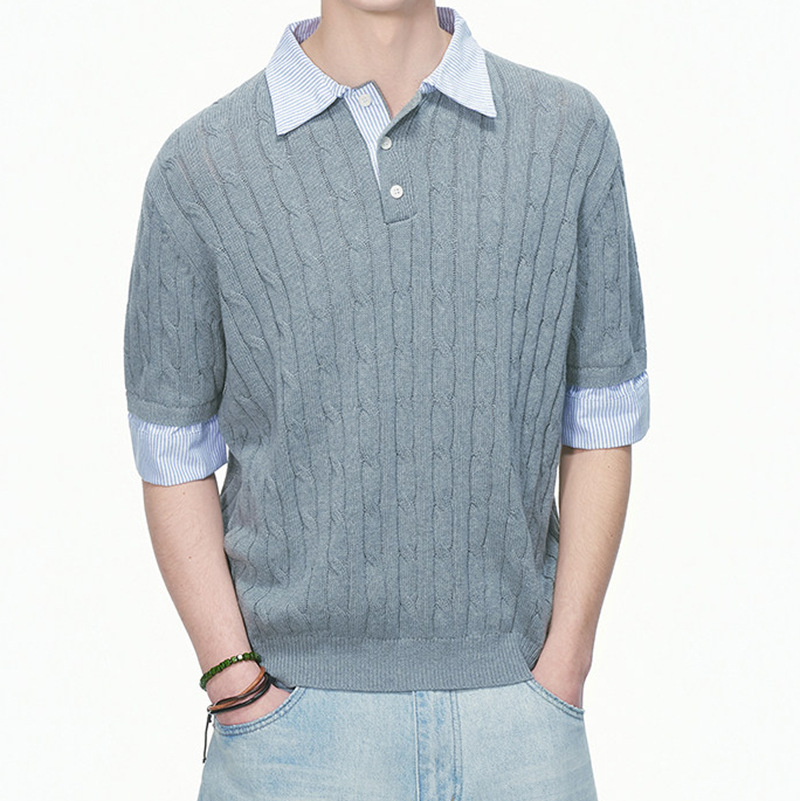 Polo camisa de punto camiseta de manga corta camiseta masculina falsa camiseta de dos piezas entrelazado viejo dinero viento hielo seda fábrica transfronteriza al por mayor image 6