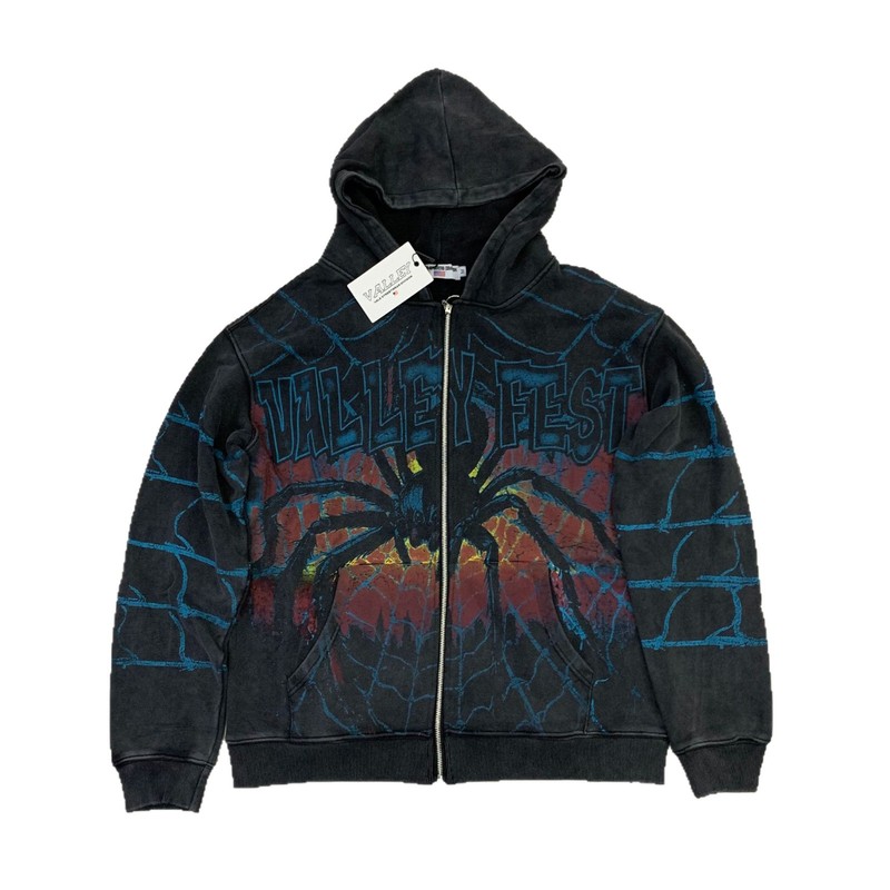 跨境潮牌Vale Big Widow Zip Up Hoodie欧美街头潮蜘蛛网开衫卫衣|undefined
