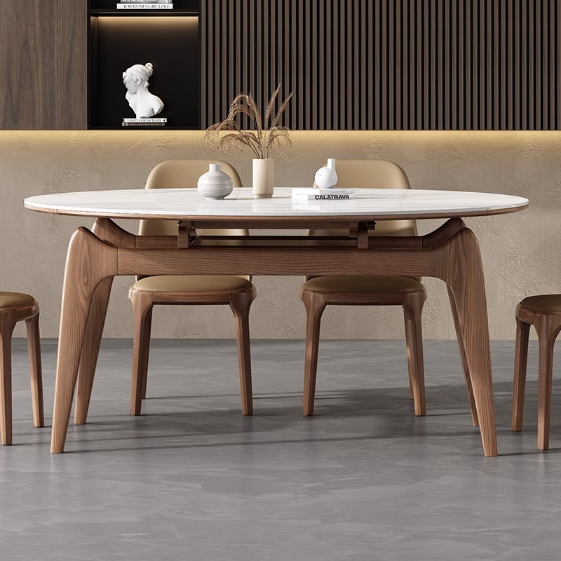 Rock board extendable dining table and chair combination modern simple home small apartment solid wood folding square changing round eating table 
