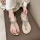 2024 New Summer Sandals Women's Korean Style Fairy Style Flat Clip Toe Elaine Bohemian Rhinestone Sandals