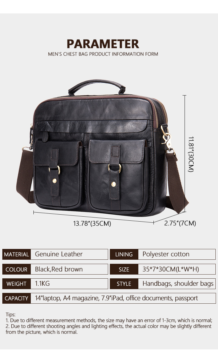 Túi đeo chéo nam da bò cao cấp công suất lớn đựng laptop 14 inch — màu đen, nâu đỏ, 35cm*7cm*30cm chi tiết 12