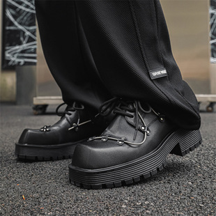 Niche British Style Platform Derby Shoes Square Toe Black Men's Business Casual Leather Shoes Vintage Decorated 33154-J