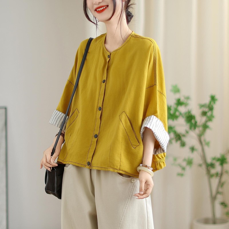 古咖服饰秋季纯色简约亚麻短外套女宽松遮肉短款显瘦纯色上衣|undefined