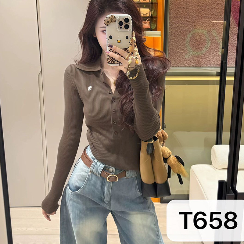 辣妹气质小马标刺绣翻领长袖T恤女装秋季修身百搭高级感毛针织衫