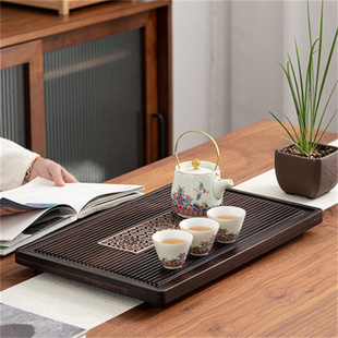 Bamboo Small Tea Tray Drain Tray Drainage Household Dry Bubble Walnut Color Modern Light Luxury Bamboo Tea Table Living Room