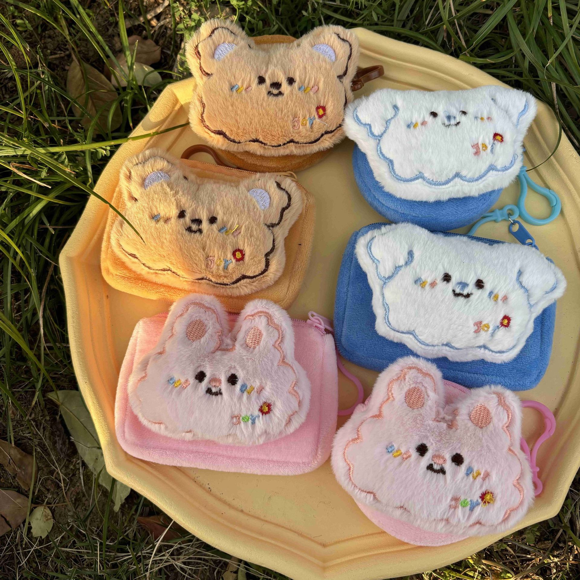 Cartoon Japanese style plush coin purse, cookie bear, cream puff, puppy, bunny doll, earphone bag, card holder, hanging bag