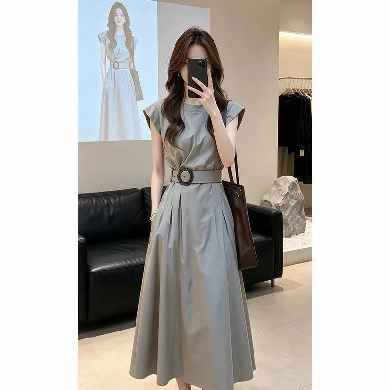 Cool and Unique Gray Waist-Cinching Dress for Women, 2026 New Summer Style, High-End Light Luxury A-Line Long Dress Cool and Unique Gray Waist-Cinching Dress for Women, 2026 New Summer Style, High-End Light Luxury A-Line Long Dress