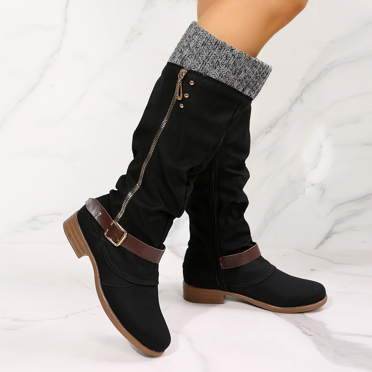 New chunky heel side zip stitching boots for women_voghion.com