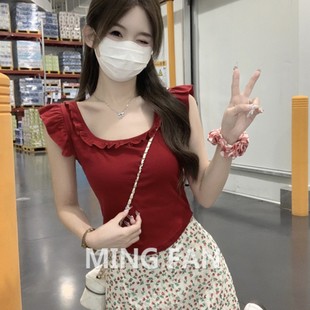 2025 Summer New Women's Korean Style Square Neck Elegant Wood-ear Edge Flying Sleeve Bow Slim-fit Short-sleeved T-shirt Top