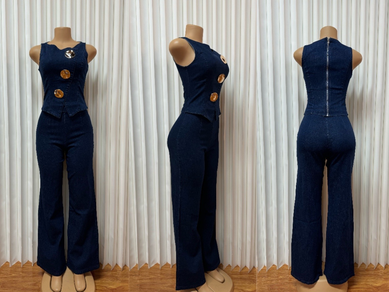Women's Denim Jumpsuit With Metal Pin Decor - Fashionable Sleeveless Romper For Casual Street Style_ecoleips.com
