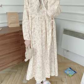 批发货源 2026春季新款睡袍女宽松碎花加大长款双层纱睡衣家居服