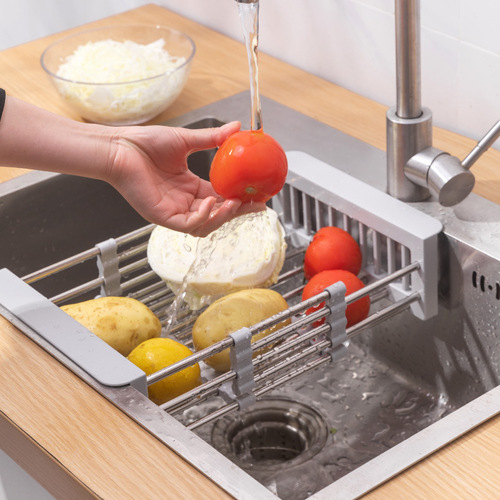 Stainless steel sink drain rack retractable drain bowl rack multi-functional kitchen drain basket fruit and vegetable dish washing basket