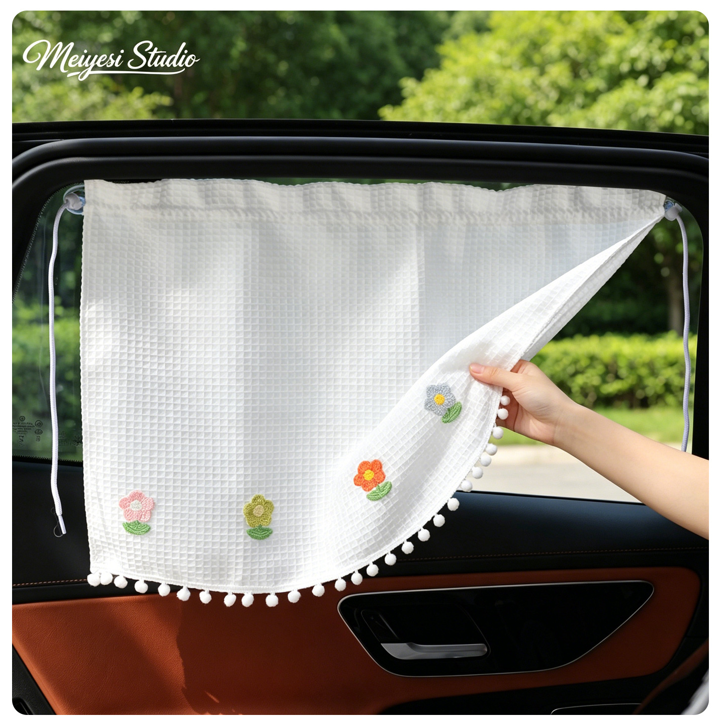 Car sunshade waffle curtain with suction cup attachment, cherry pattern, cartoon sun-blocking and heat-insulating car curtain