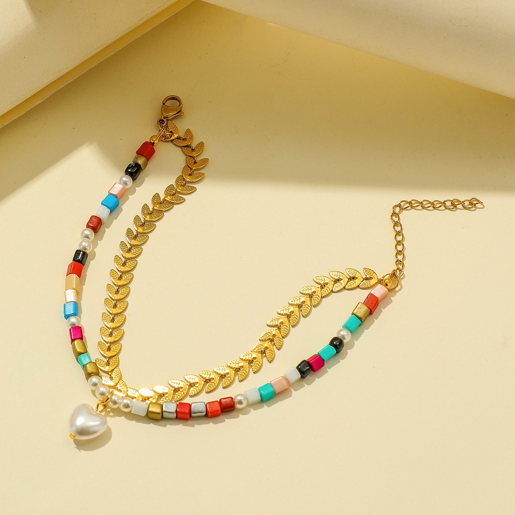 Simple Double-layer Heart Pearl Color Stone Titanium Steel Bracelet display picture 3