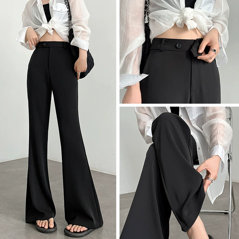 Черные расклешенные брюки для женщин, летний тонкий стиль 2024, новые утягивающие микро-расклешенные брюки с высокой талией, прямые брюки длиной до пола из ледяного шелка.
