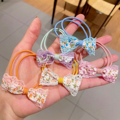 Korean Edition new pattern Broken flowers bow Hair rope fresh girl Hairpin Lace Hair tie rubber string Spring and summer Leather sheath