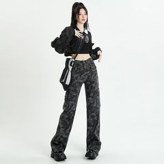 迷彩工装牛仔裤女美式新款高腰阔腿宽松显瘦直筒拖地裤子夏季