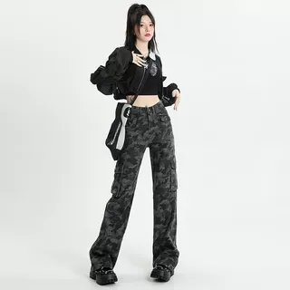 迷彩工装牛仔裤女美式2025新款高腰阔腿宽松显瘦直筒拖地裤子夏季