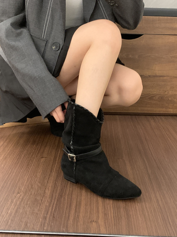 内增高尖头绒面瘦瘦中筒骑士靴女靴子2025秋冬季西部牛仔时装靴|undefined