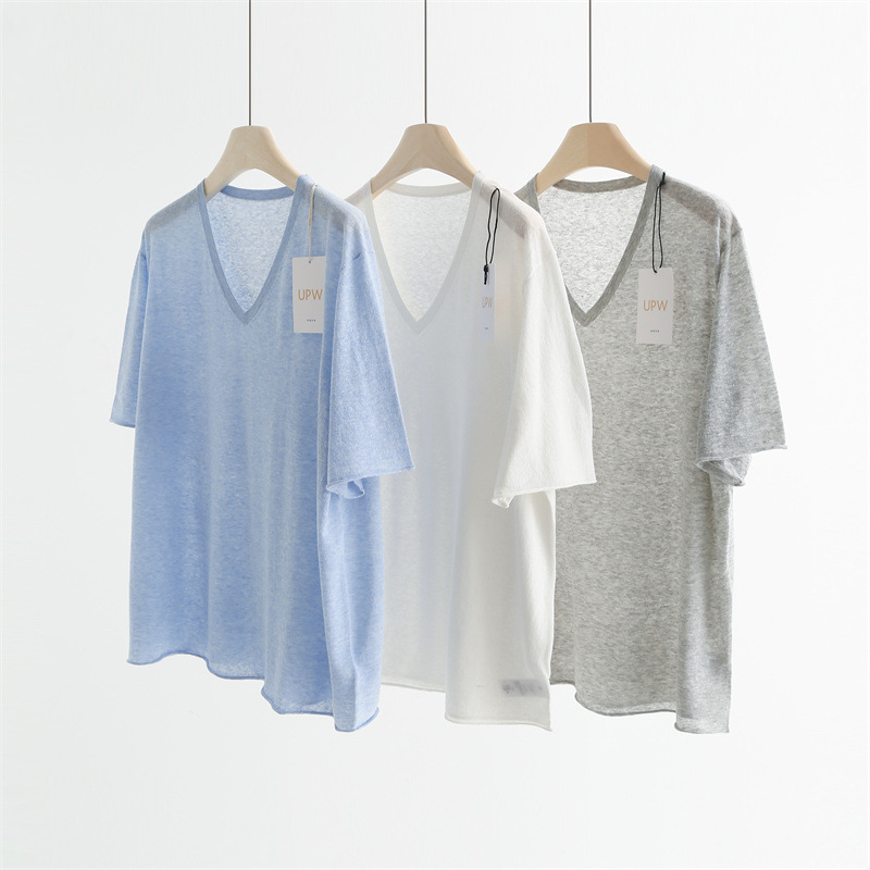 Lightweight and Breathable Upw Linen Cotton V-Neck Loose Short-Sleeved Knitwear Spring and Summer Work Clothing Simple T-Shirt for Women Cza96511