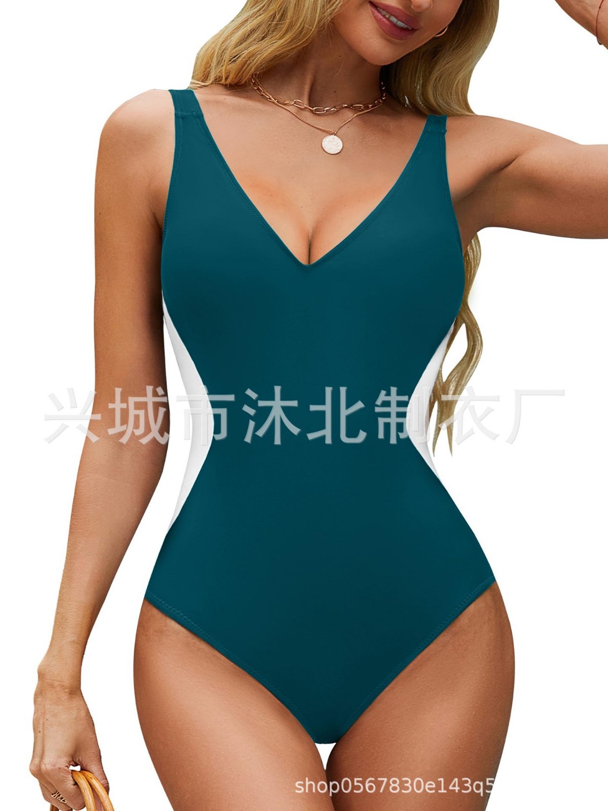 Traje de Baño Enterizo para Mujer, Estilo Europeo y Americano, con Tirantes, Ajustado, Reductor de Abdomen, Escote en V Profundo, Bloques de Color, Espalda Cruzada, 2025