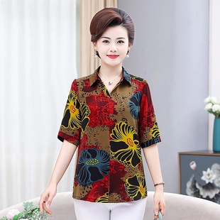 [Factory direct] new foreign style summer middle-aged and elderly printed plus size mother's short sleeve loose slimming upper