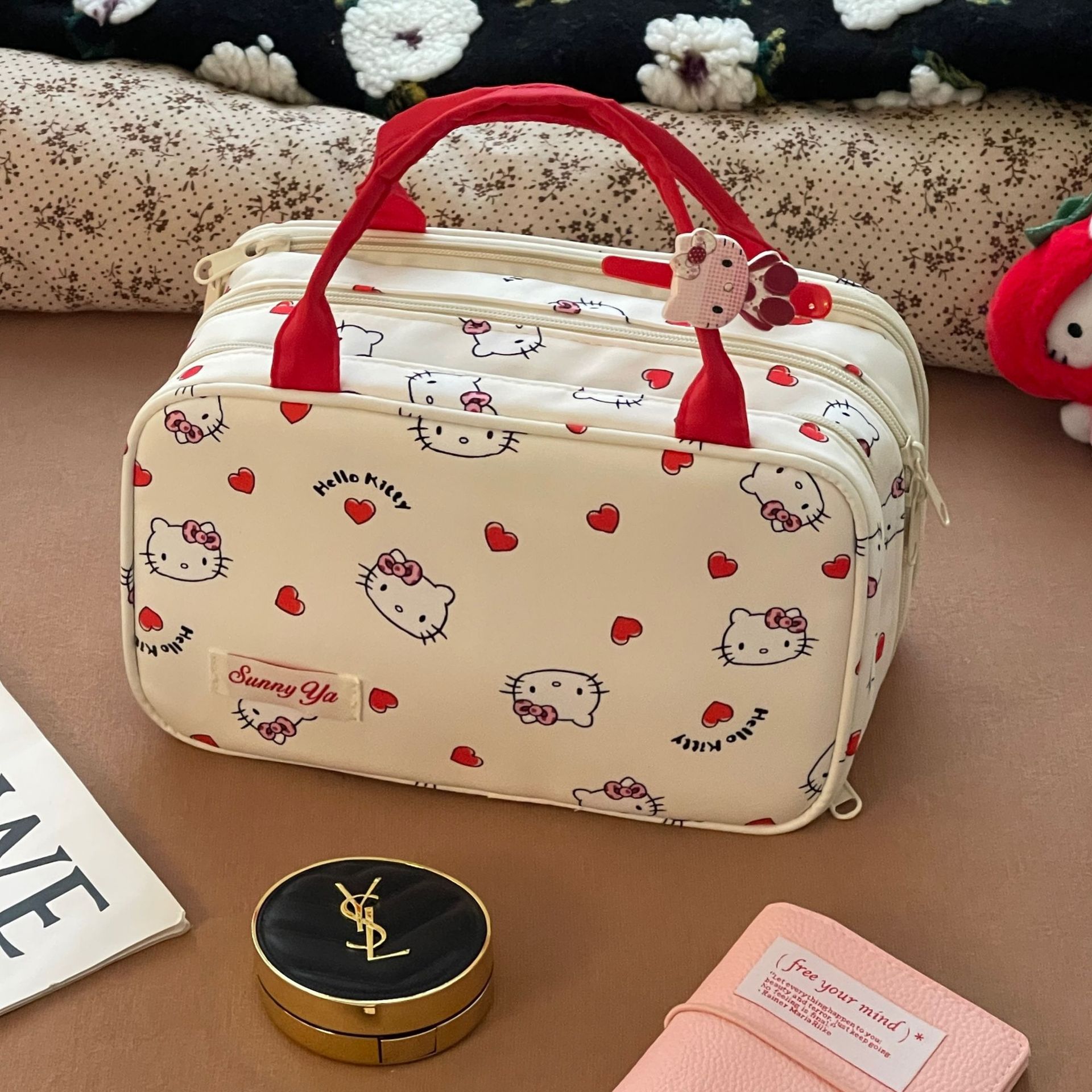 Nuevo lindo gato de tres capas bolsa de maquillaje de gran capacidad portátil almacenamiento de viaje portátil bolsa de lavado de partición portátil