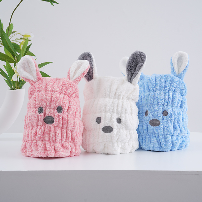 Adorable Rabbit Ears Children's Thick Coral Fleece Quick-Drying Hair Hat, Children's Hair Towel for Wet Hair, Wholesale