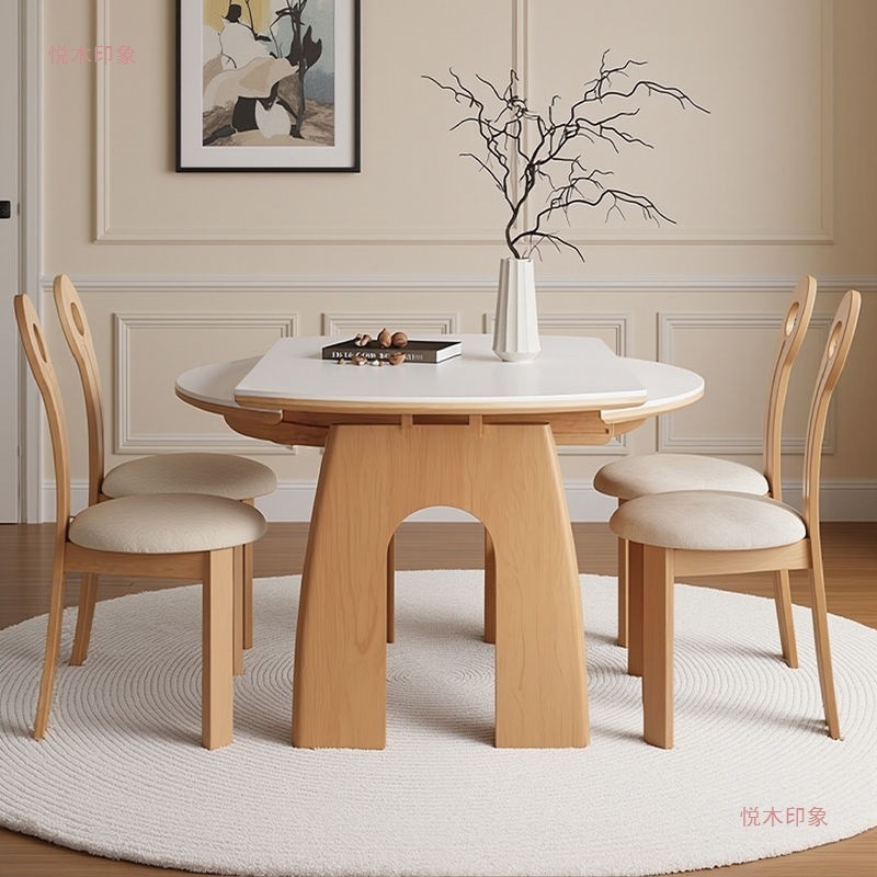 Log Cream Style Ash Solid Wood Retractable Dining Table and Chair Combination Nordic Square and Round Dual-Use Simple Modern Dining Table