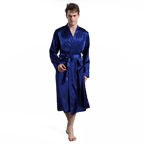 Cross-border men's solid color robe thin cardigan nightgown loose large size long sleeve spring and autumn glossy satin bathrobe