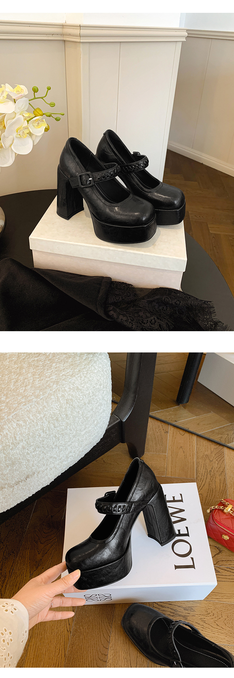 Giày cao gót Mary Jane nữ đế xuồng platform gót 12 cm, quai ngang khóa, mũi nhọn — màu đen, màu mơ chi tiết 10