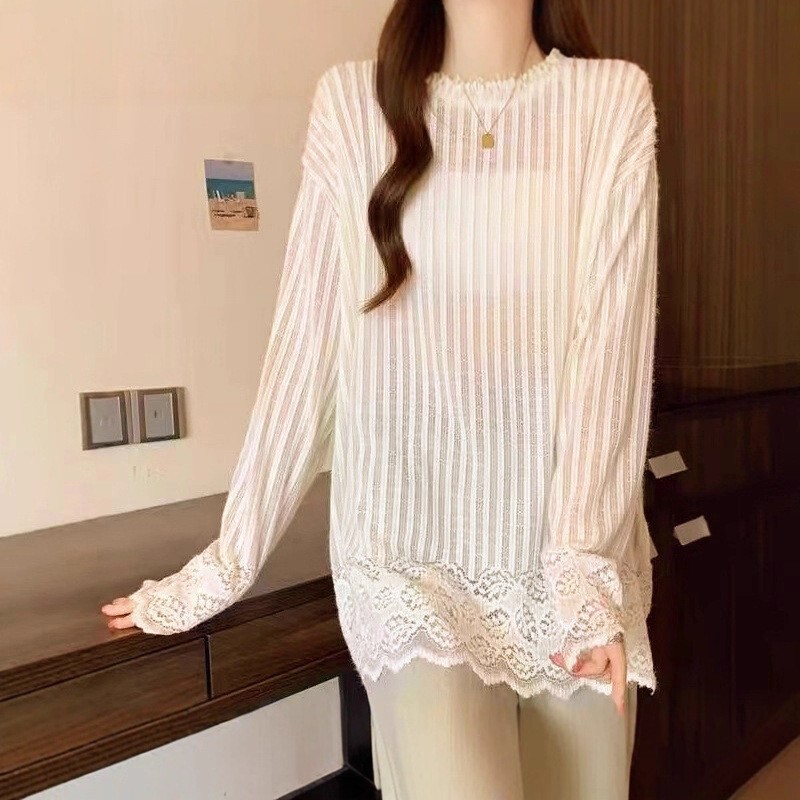 长袖女2025年新款秋季打底衫气质蕾丝韩系慵懒松弛感百搭针织上衣|undefined