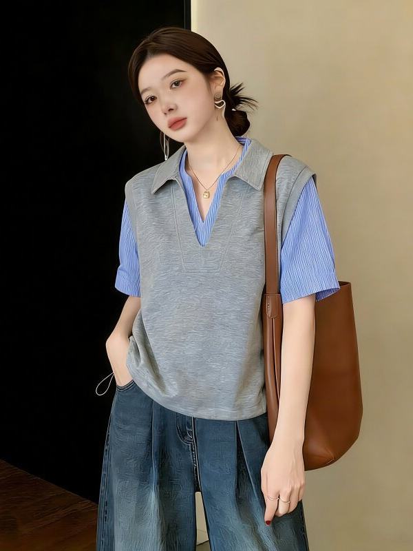 Áo sơ mi nữ giả hai lớp cổ V vai xuôi tay ngắn dáng suông — Xanh lông mòng đen