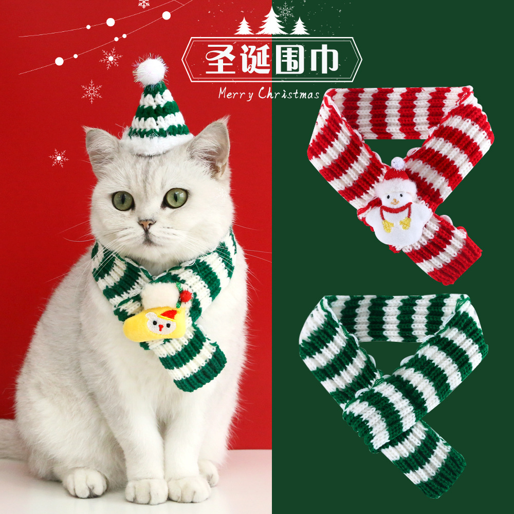 2022 PET rayas de punto lana dibujos animados felpa Navidad muñeco nieve calcetines gato perro bufanda caliente cuello sombrero image 1