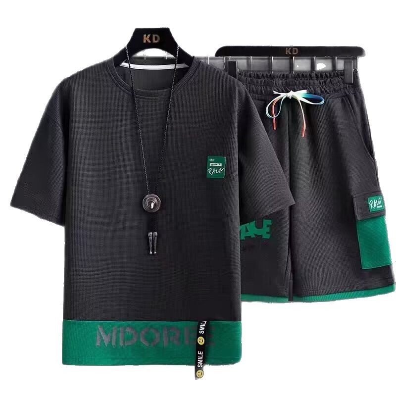 Camisas y menos ropa, waffle de verano, traje deportivo, pantalones cortos de manga corta casuales de comercio exterior sueltos delgados para hombres, traje de dos piezas