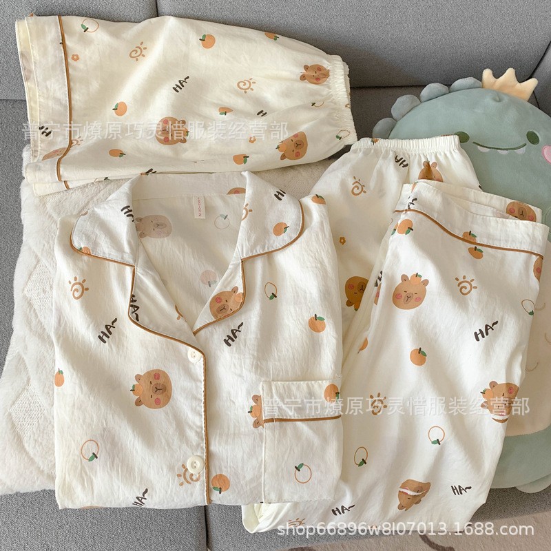 Hermosos pijamas de tela de rabu mujeres primavera y otoño verano nubes de algodón dulce mangas cortas pantalones cortos de tres piezas ropa para el hogar