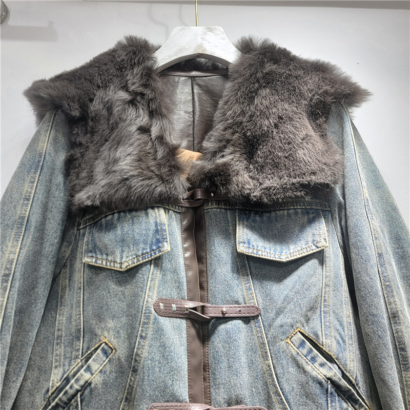 欧货皮毛一体拼接牛仔派克服女短款复古做旧加厚仿皮草外套|undefined