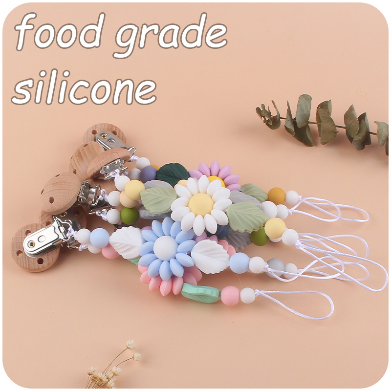 Nuevos suministros para bebés de haya chupete clip calmante bebé Flor de dibujos animados mordedura de silicona chupete cadena anti-gota cadena