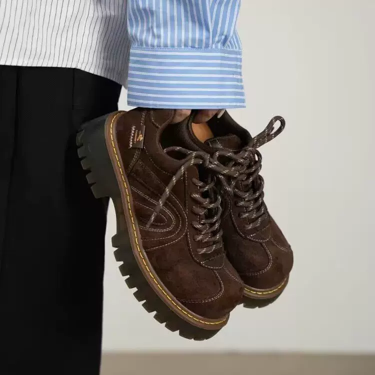 2025秋冬季百搭绒面大头鞋德训鞋女款厚底增高小个子复古运动单鞋