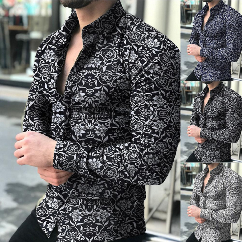 2023 Spring New Men's Export Shirts European and American Muscular Men's Lapel Cardigan Floral Shirts Slim Shirts Trendy