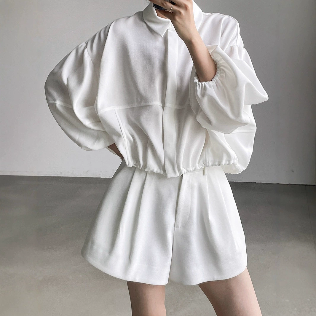 Сухой журавль весна и лето простой освежающий лацканный воротник модный ретро фонарь рукава рубашка