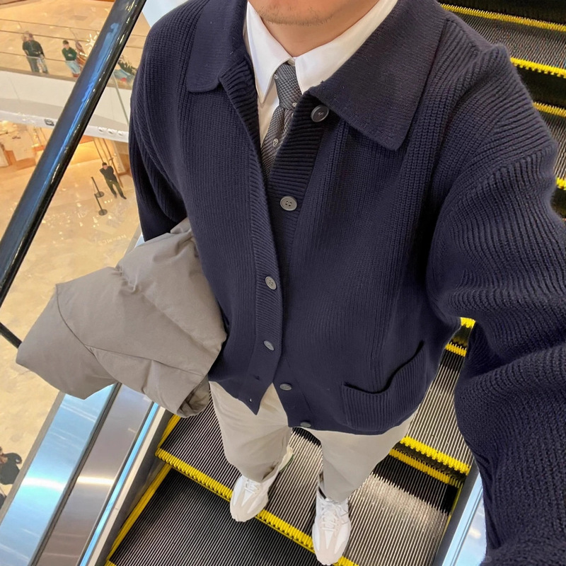Navy Blue Polo Lapel Sweater Men's Spring & Fall Work Clothing Cleanfit Knitted Cardigan Sweater Jacket Navy Blue Polo Lapel Sweater Men's Spring & Fall Work Clothing Cleanfit Knitted Cardigan Sweater Jacket